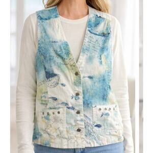 Chicos 0 Painted Vest size Small Cotton Button V Neck Ocean Cruise Postcard22429